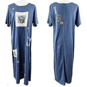 Vintage Cover Charge 100% Cotton Blue Patch Pocket Midi Dress Boho Whimsical